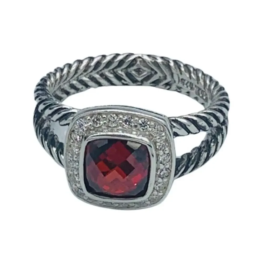 David Yurman Sterling Silver Garnet & Diamond Petite Albion Ring Size 9